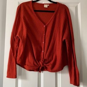 Waffle knit tie front top